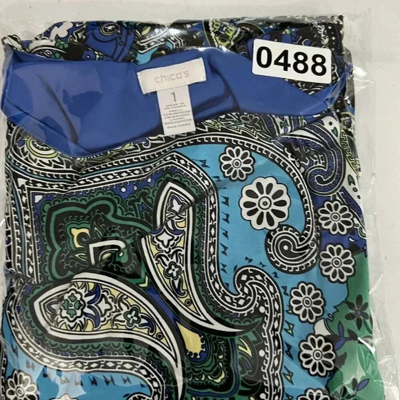 CHICOS 1 Medium Blue White Paisley 3/4 Sleeve Knit Bodycon Outdoor Shift Dress - Picture 15 of 16